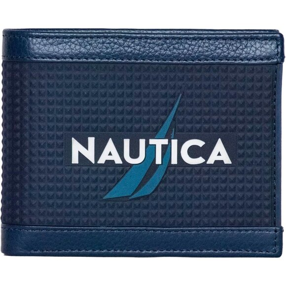 Nautica Men's Bifold Leather Wallet RFID Blocking ID Window Navy Card Slots - Picture 1 of 7